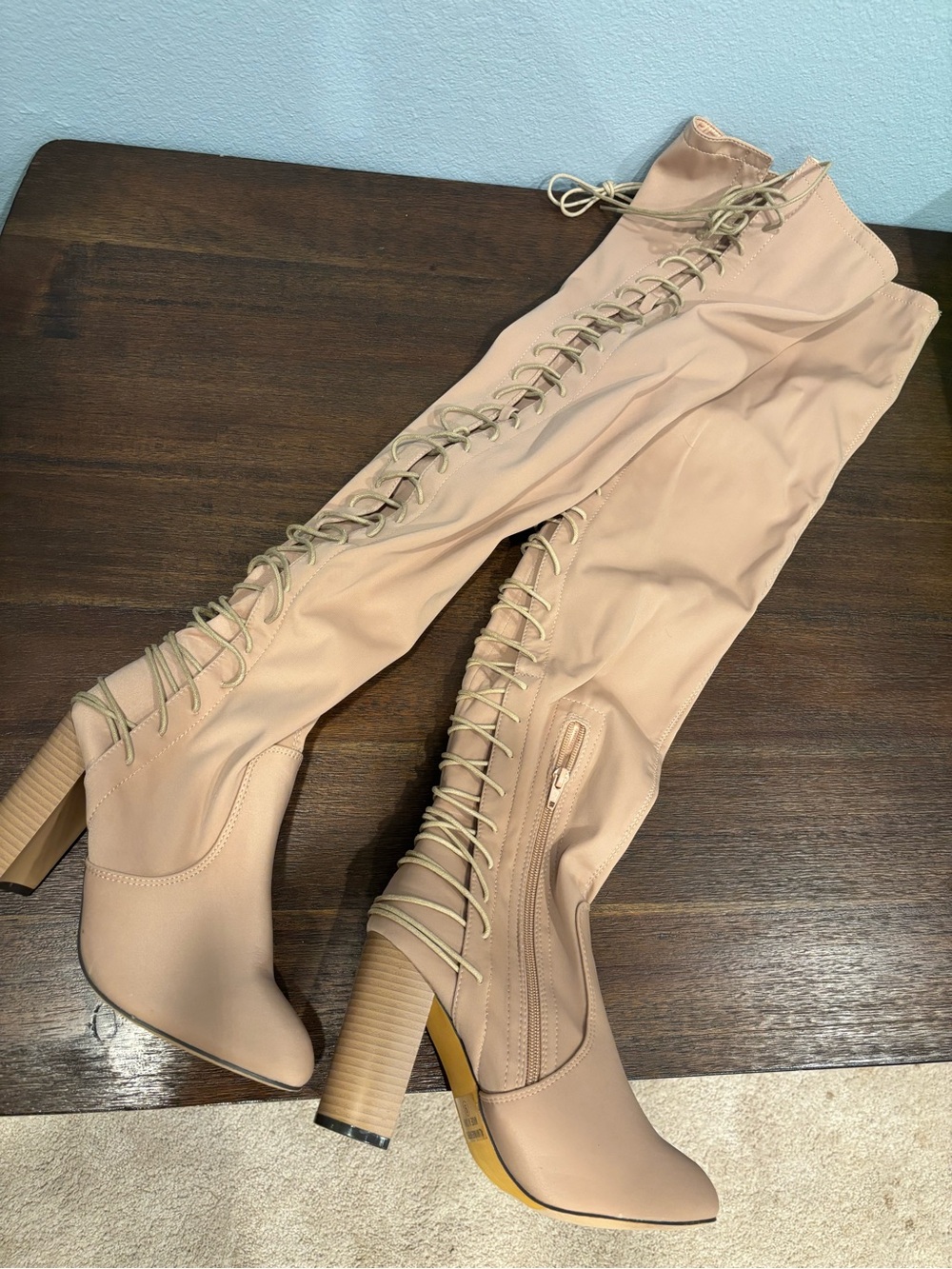 Nude Beige Lace-Up Thigh-High Boots with Block Heel